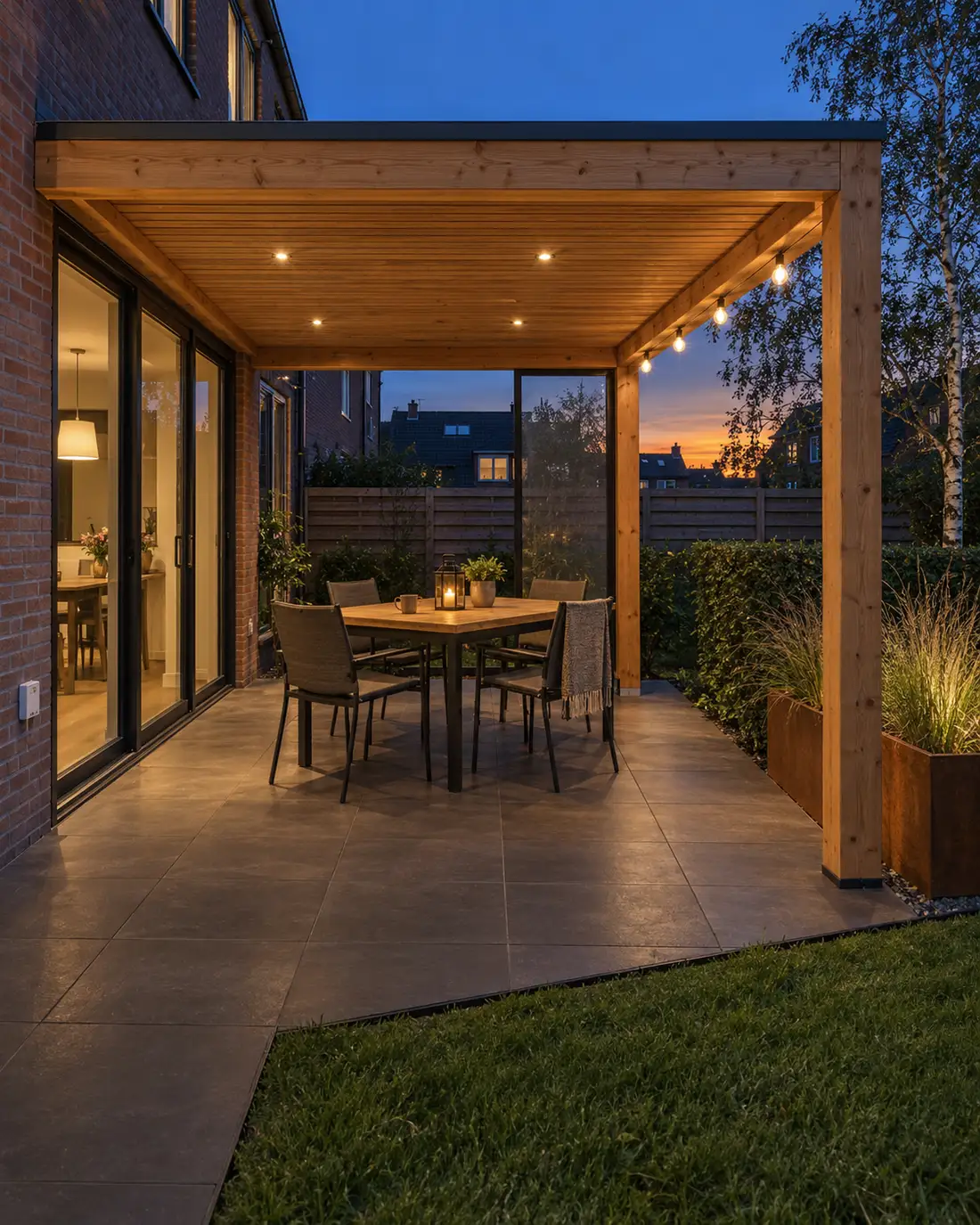Houten overkapping met spots en lichtsnoer boven een terras in een achtertuin bij avondlicht
