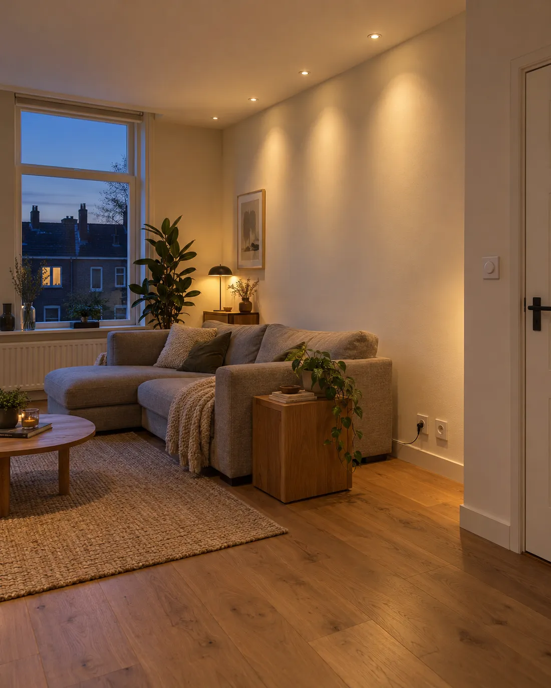 Woonkamer in de avond met inbouwspots langs de wand, een dimmer bij de deur en nieuwe stopcontacten boven de plint