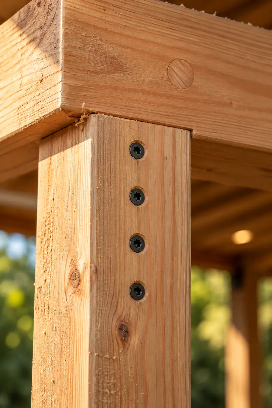 Detail van de verbinding tussen staander en balk met verzonken schroefkoppen