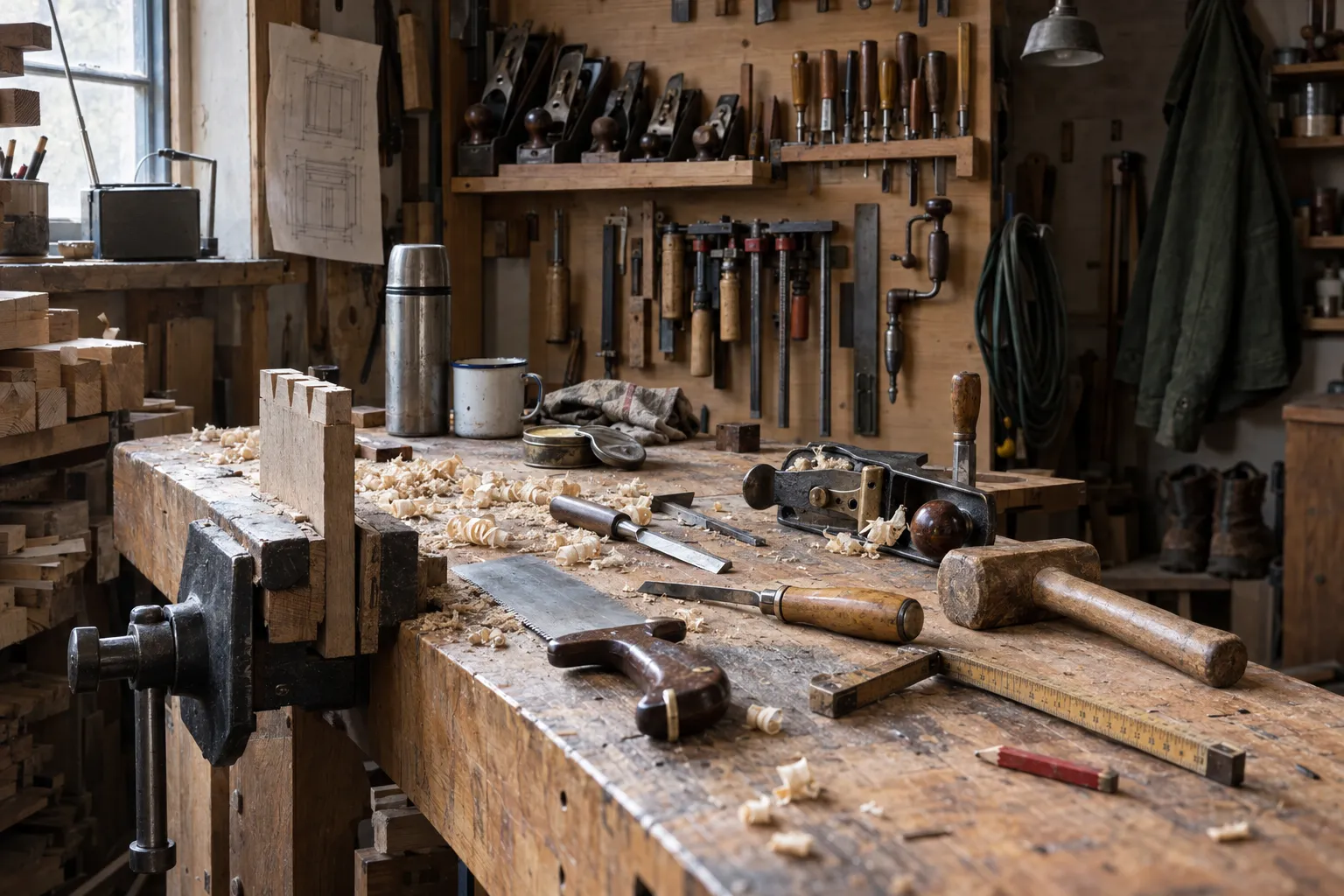 Werkbank met handgereedschap, een zwaluwstaartverbinding in de bankschroef en houtkrullen op het blad