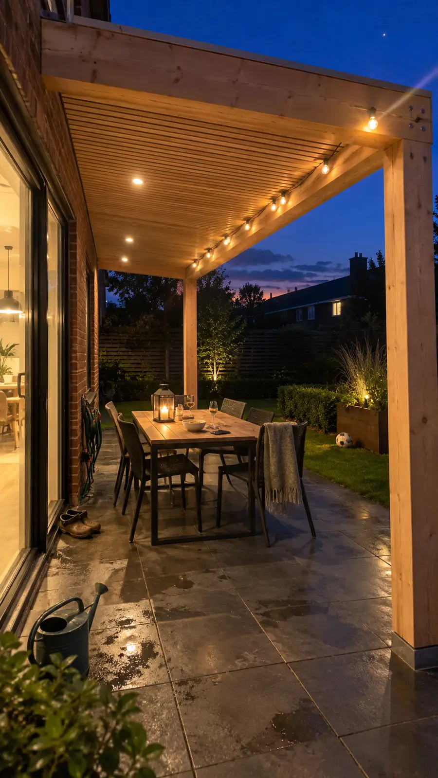 Overkapping met verlichting boven een terras, gezien vanuit de tuin in de avond