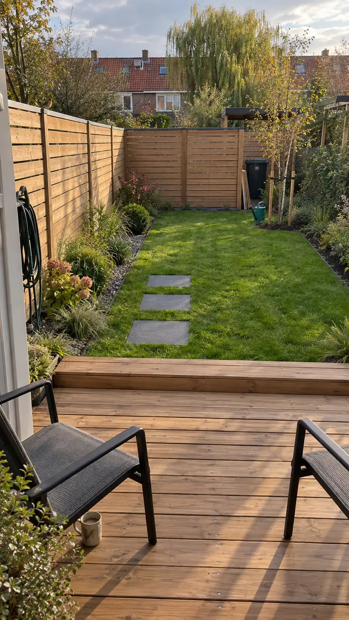 Tuin na renovatie met houten vlonder, nieuw gazon, stapstenen en een horizontale schutting
