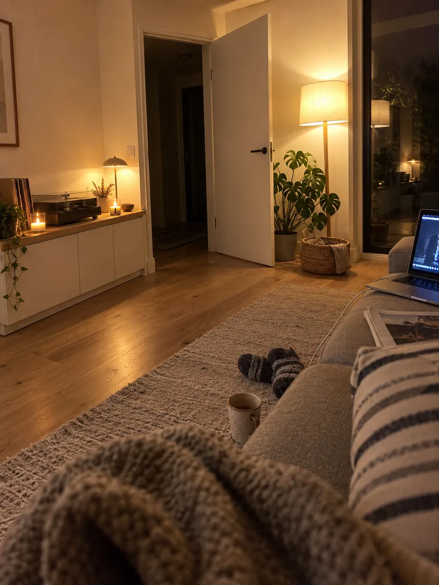 Woonkamer in de avond na een renovatie, met lampen aan en een maatwerk meubel langs de schouw