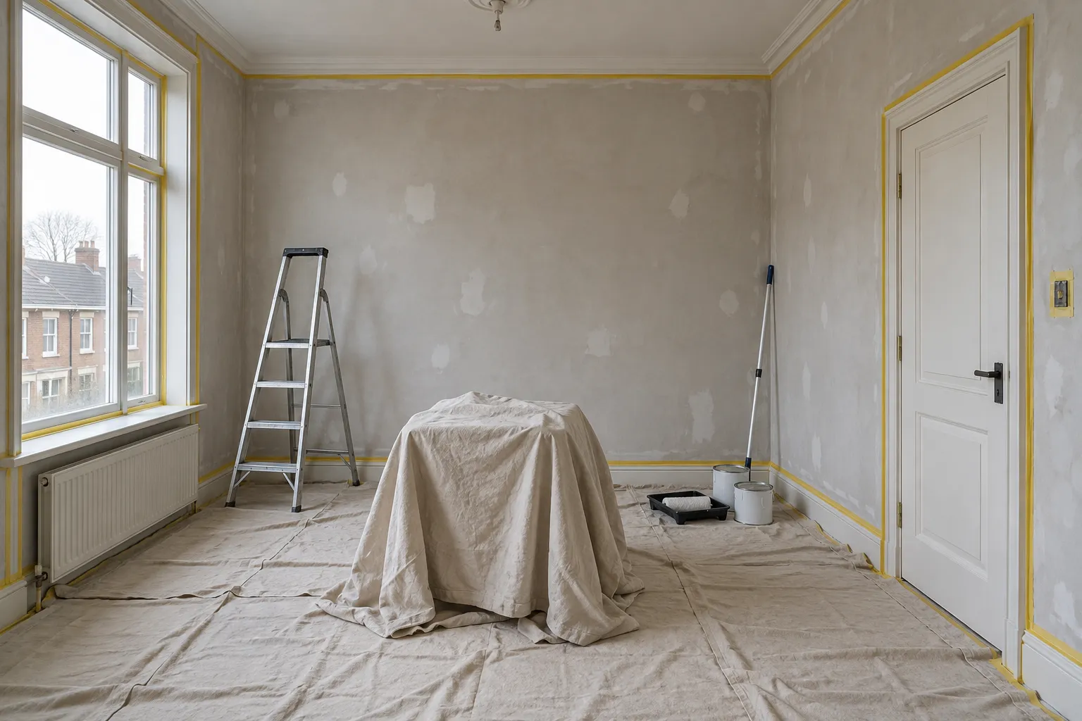 Kamer volledig afgedekt en afgeplakt, met ladder en verfrollers klaar voor het schilderwerk