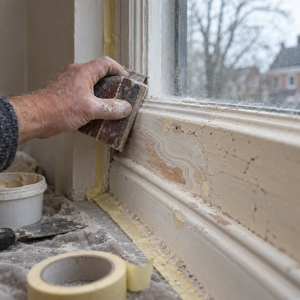 Hand met schuurblok op een oud kozijn, met afgeplakte randen en losse verflagen zichtbaar