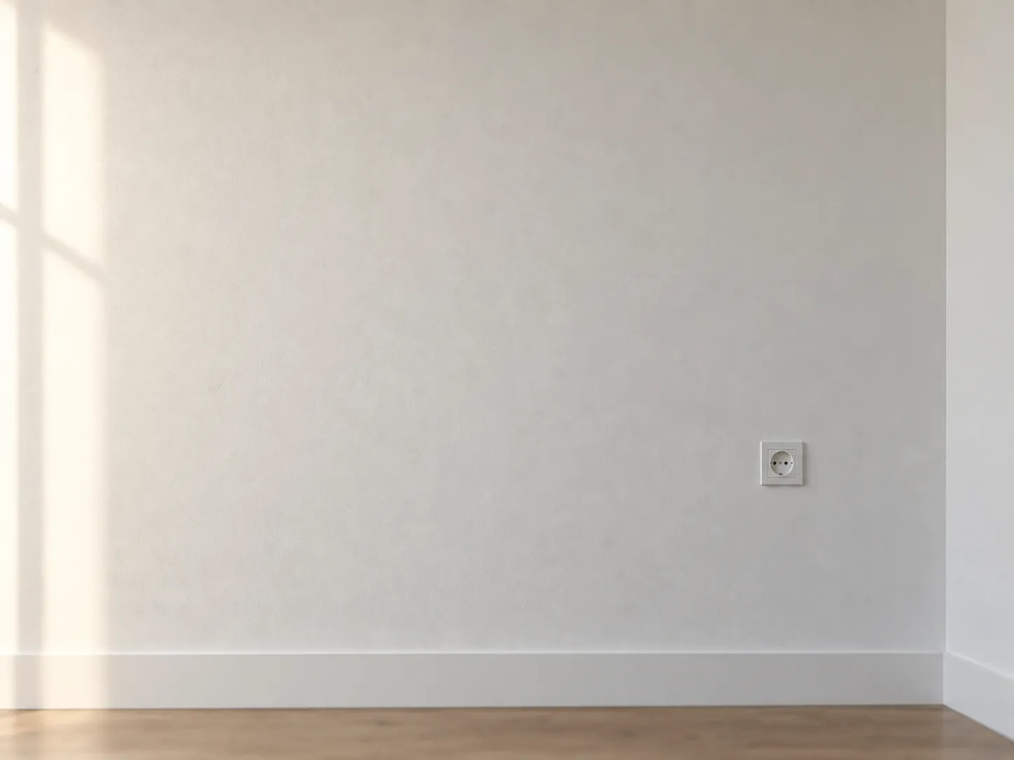Vlak gestuukte en geschilderde wand met strijklicht erover, met plint en stopcontact