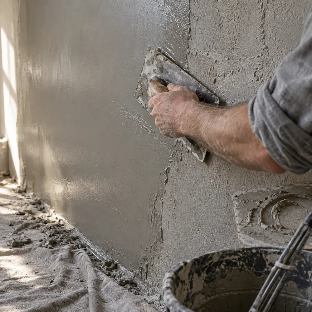 Stukadoor werkt een wand glad met een spaan, het gladde deel links en de ruwe laag rechts