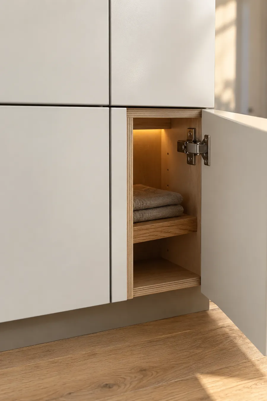 Detail van kastfronten met smalle schaduwnaden en een openstaande deur op een inboorscharnier