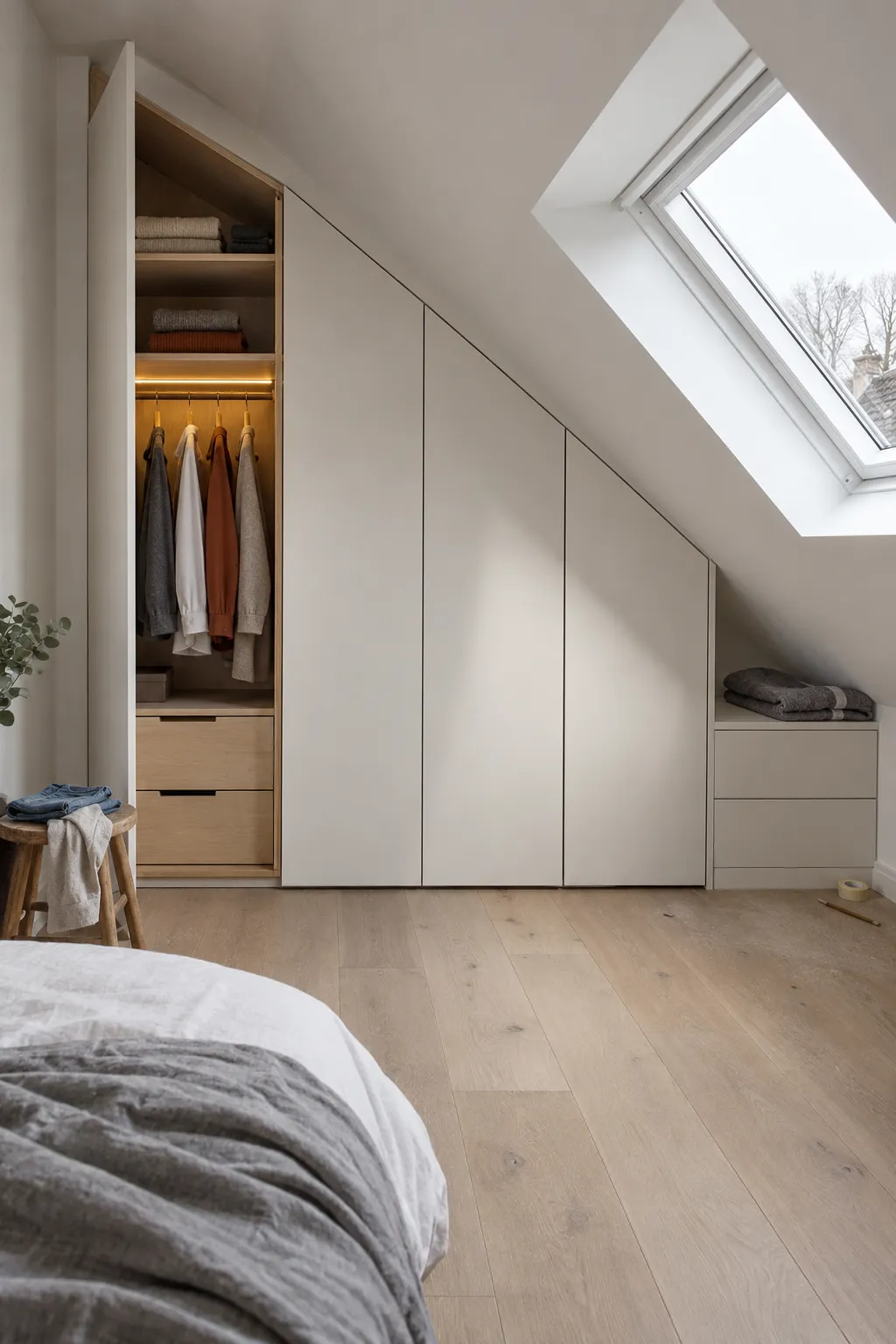 Maatwerk kastenwand onder een schuin dak, met openstaande deur en verlichte hangruimte