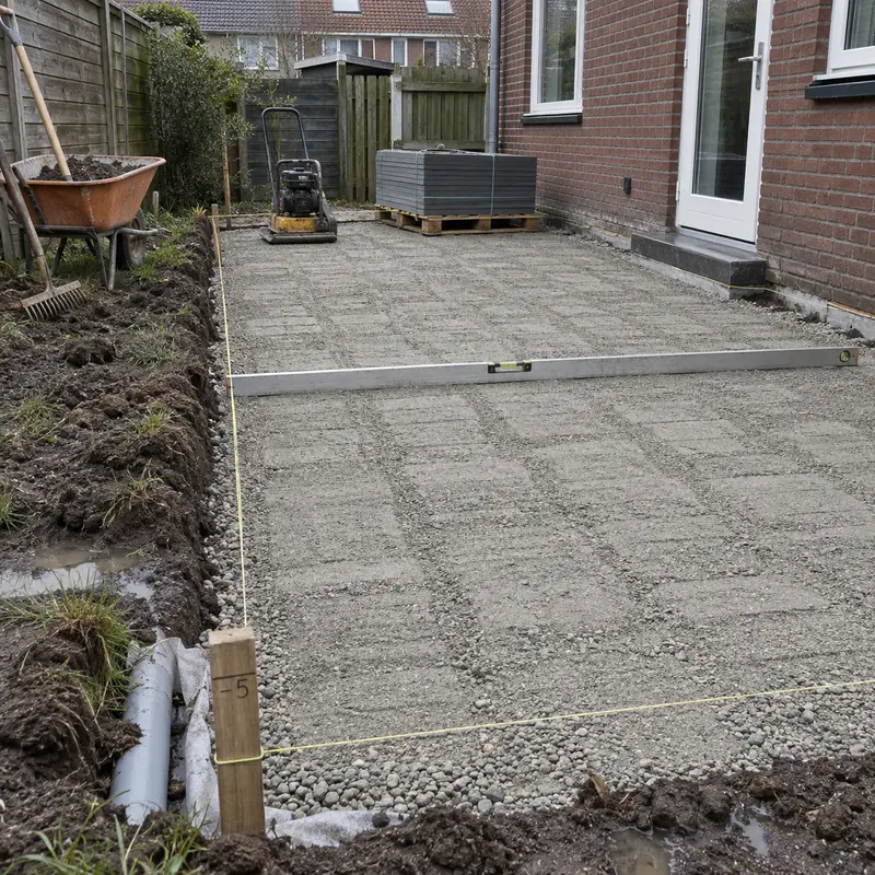 Verdichte ondergrond met rei en spanlijnen, klaar om de nieuwe terrastegels op te leggen